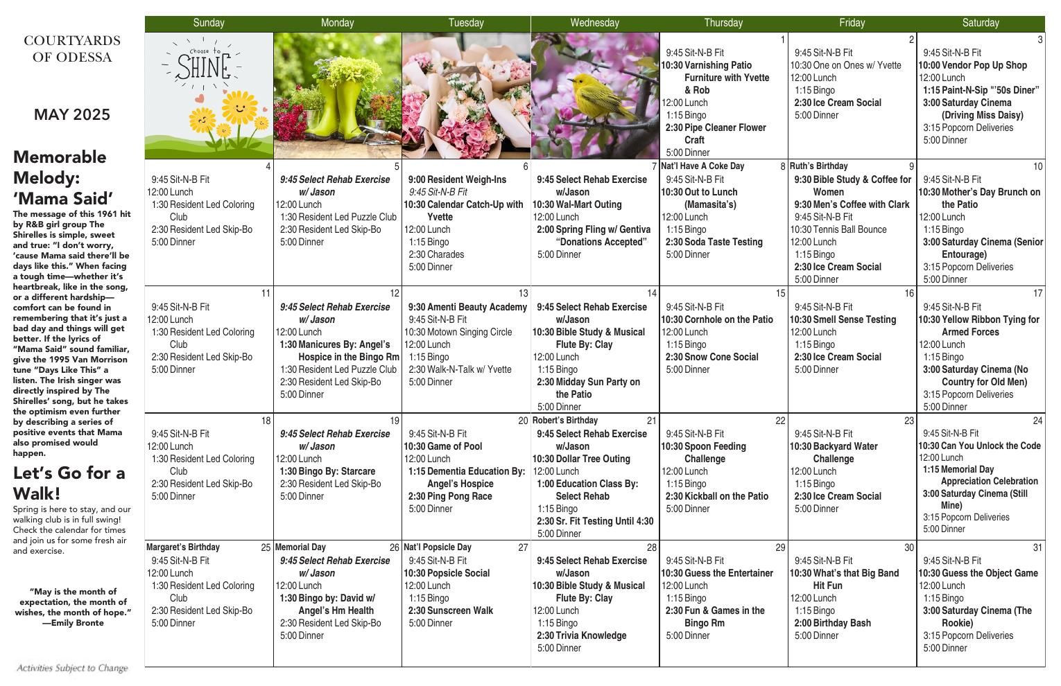 Assisted Living Event Calendar